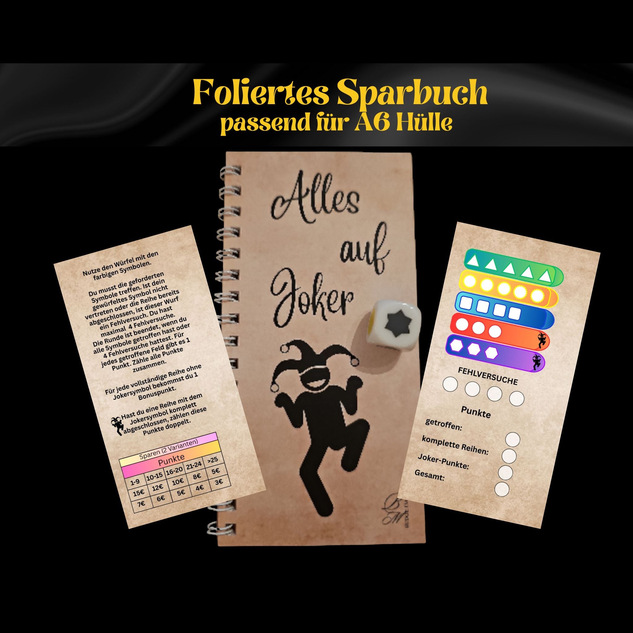 Foliertes Sparbuch mit Würfel